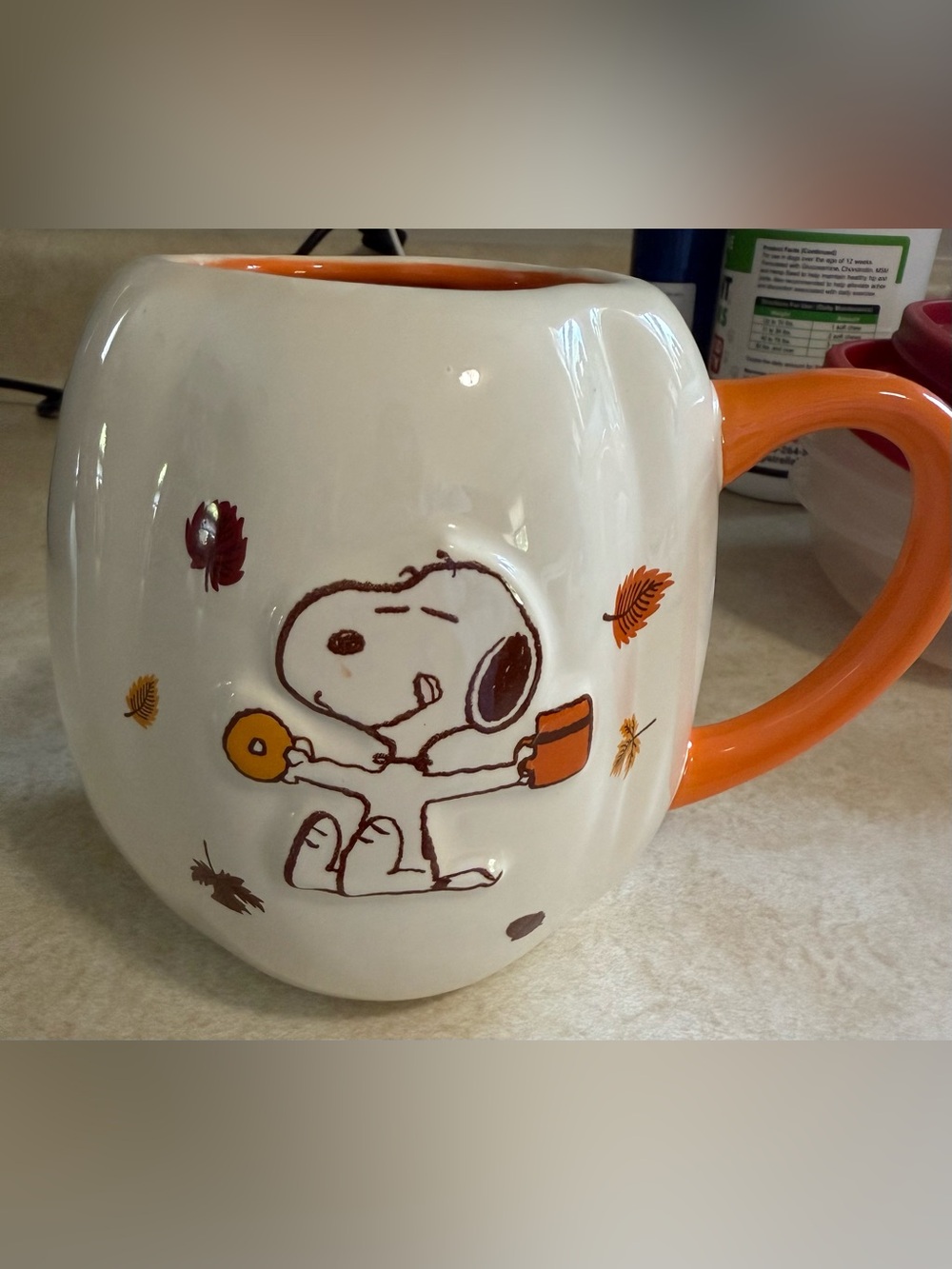 Snoopy Rae Dunn Fall Ceramic Mug with Orange Handle